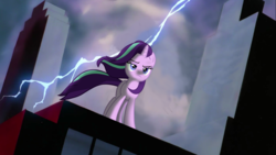 Size: 1200x675 | Tagged: artist needed, safe, edit, starlight glimmer, pony, unicorn, g4, the ending of the end, badass, batman the animated series, female, lightning, mare, skyscraper, solo, starlight glimmer in places she shouldn't be, windswept mane