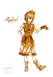 Size: 2256x3281 | Tagged: safe, artist:jenyeongi, applejack, human, g4, boots, clothes, dress, female, gala dress, gloves, high res, humanized, monochrome, shoes, solo, traditional art