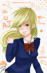 Size: 2124x3323 | Tagged: safe, artist:jenyeongi, applejack, human, g4, clothes, female, hay stalk, high res, humanized, school uniform, solo