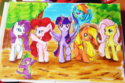 Size: 3000x1987 | Tagged: safe, artist:jenyeongi, applejack, fluttershy, pinkie pie, rainbow dash, rarity, spike, twilight sparkle, alicorn, earth pony, pegasus, pony, unicorn, g4, female, male, mane seven, mane six, mare, traditional art, tree, twilight sparkle (alicorn)