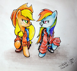 Size: 3441x3156 | Tagged: safe, artist:jenyeongi, applejack, rainbow dash, earth pony, pegasus, pony, g4, boots, clothes, female, high res, hoodie, hoof shoes, looking at each other, mare, one leg raised, pants, rivalry, shirt, shoes, traditional art