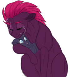 Size: 1024x1074 | Tagged: safe, artist:azure-art-wave, tempest shadow, oc, oc:eventide eclipse, pony, g4, baby, baby pony, blind, crying, magical lesbian spawn, offspring, parent:tempest shadow, parent:twilight sparkle, parents:tempestlight, simple background, transparent background
