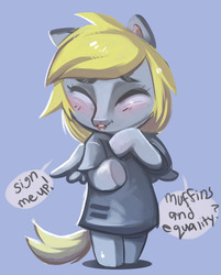 Size: 1203x1500 | Tagged: safe, artist:royalshark, derpy hooves, pegasus, semi-anthro, g4, the cutie map, arm hooves, clothes, cute, derpabetes, equality, eyes closed, female, mare, muffin, simple background, solo, that pony sure does love muffins, this will end in colic, this will not end well