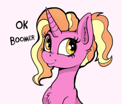 Size: 1885x1610 | Tagged: safe, artist:paskanaakka, derpibooru exclusive, luster dawn, pony, unicorn, g4, the last problem, boomer, bust, chest fluff, ear fluff, female, mare, meme, millennial luster dawn, nose wrinkle, ok boomer, portrait, simple background, smiling, solo, text, zoomer