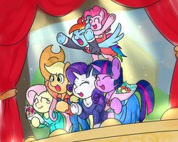 Size: 1104x885 | Tagged: safe, artist:wakyaot34, applejack, fluttershy, pinkie pie, rainbow dash, rarity, twilight sparkle, alicorn, earth pony, pegasus, pony, unicorn, g4, applejack's hat, bittersweet, blushing, bouquet, business suit, clothes, cowboy hat, curtains, dress, end of ponies, eyes closed, feels, female, final bow, flower, flying, formal, formal attire, formal dress, formal wear, happy, hat, mane six, mare, necktie, performance, ponies riding ponies, raised hoof, rearing, riding, smiling, stage, suit, teary eyes, tuxedo, twilight sparkle (alicorn), waving
