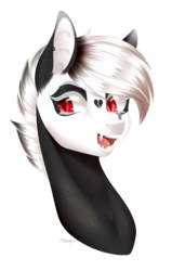 Size: 1803x2831 | Tagged: safe, artist:ohhoneybee, oc, oc only, oc:miss plague, pony, bust, fangs, female, mare, portrait, simple background, solo, transparent background