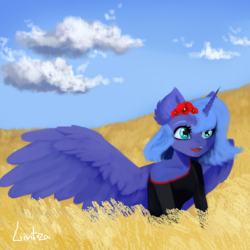 Size: 2000x2000 | Tagged: safe, artist:livitoza, princess luna, alicorn, anthro, g4, clothes, female, flower, flower in hair, high res, mare, open mouth, solo, wreath