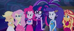 Size: 1366x578 | Tagged: safe, screencap, applejack, fluttershy, pinkie pie, rarity, sci-twi, sunset shimmer, twilight sparkle, equestria girls, equestria girls specials, g4, my little pony equestria girls: better together, my little pony equestria girls: spring breakdown, armlet, bare shoulders, bracelet, clothes, crossed arms, cruise outfit, dress, female, jewelry, magical geodes, mixed reactions, pinkie pie is not amused, raised eyebrows, scrunchy face, seasickness, shoulderless, sleeveless, unamused