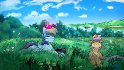Size: 1192x671 | Tagged: safe, artist:icychamber, rainbow dash, scootaloo, butterfly, pegasus, pony, g4, duo, field, grass, grass field, scenery, sky, water