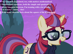 Size: 972x720 | Tagged: safe, edit, edited screencap, editor:korora, screencap, moondancer, pony, unicorn, amending fences, g4, clothes, cropped, cute, female, gilbert and sullivan, glasses, lyrics, mare, modern major general, solo, song reference, sweater, text, the pirates of penzance
