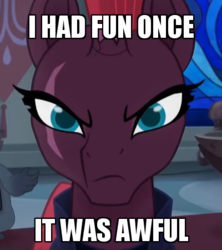 Size: 400x450 | Tagged: safe, edit, edited screencap, screencap, grubber, tempest shadow, g4, my little pony: the movie, broken horn, caption, cropped, grumpy cat, horn, i had fun once and it was awful, image macro, looking at you, scar, solo focus, text