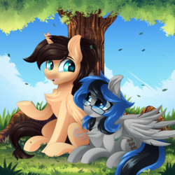 Size: 5000x5000 | Tagged: safe, artist:ask-colorsound, oc, oc only, oc:eternal light, oc:kezzie, alicorn, pegasus, pony, absurd resolution, alicorn oc, blue eyes, chest fluff, cloud, female, glasses, horn, leaves, looking at each other, lying down, male, ponytail, sitting, smiling, tree, wings, ych result