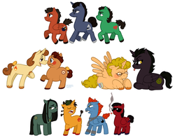 Size: 1650x1302 | Tagged: safe, artist:muffinpoodle, alicorn, angel, angel pony, demon, demon pony, earth pony, original species, pegasus, pony, unicorn, anthony j. crowley, aziraphale, beauty and the beast, cogsworth, egon spengler, ghostbusters, good omens, lumiere, mike thecoolperson, neil pye, peter venkman, ponified, ray stantz, rick, the young ones, vyvyan basterd