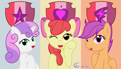 Size: 3840x2190 | Tagged: safe, artist:bodyless, apple bloom, scootaloo, sweetie belle, earth pony, pegasus, pony, unicorn, g4, cutie mark, cutie mark crusaders, female, filly, greeting, high res, hooves