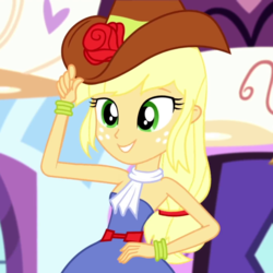 Size: 1080x1080 | Tagged: safe, screencap, applejack, equestria girls, g4, make up shake up, my little pony equestria girls: summertime shorts, armpits, bare shoulders, blonde hair, bracelet, clothes, cowboy hat, cropped, cute, dress, fall formal outfits, female, freckles, green eyes, grin, hand on hip, hat, jackabetes, jewelry, low ponytail, open mouth, open smile, orange skin, scarf, sleeveless, sleeveless dress, smiling, solo, strapless, strapless dress, teeth