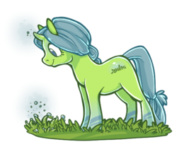 Size: 520x438 | Tagged: safe, artist:arafel, oc, oc only, pony, unicorn, dew, grass, simple background, smiling, solo