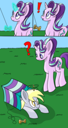 Size: 1600x3000 | Tagged: safe, artist:notadeliciouspotato, derpy hooves, starlight glimmer, pegasus, pony, unicorn, g4, circling stars, comic, dizzy, duo, duo female, exclamation point, female, food, glowing, glowing horn, grass, horn, kite, magic, magic aura, mare, muffin, question mark, sky, smiling, surprised, telekinesis, that pony sure does love kites