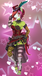 Size: 1124x2029 | Tagged: safe, artist:blackblood-queen, oc, oc only, oc:margarite mix, earth pony, anthro, unguligrade anthro, anthro oc, borderlands 3, breasts, clothes, commission, costume, digital art, female, gun, hat, makeup, mare, smiling, weapon