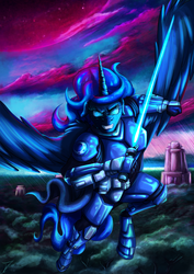 Size: 1237x1750 | Tagged: safe, artist:jamescorck, nightmare moon, princess luna, alicorn, anthro, unguligrade anthro, g4, armor, crossover, disney, female, jedi knight, jumping, lightsaber, looking at you, planet, solo, space, star wars, weapon