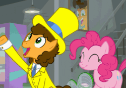 Size: 665x463 | Tagged: safe, screencap, cheese sandwich, pinkie pie, earth pony, pony, g4, the last laugh, animated, clothes, cropped, cute, duo, eyes closed, female, googly eyes, hat, looking at someone, male, smiling, stallion, talking, tuxedo