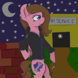 Size: 1600x1600 | Tagged: safe, oc, oc only, pegasus, pony, brick wall, car, cigarette, clothes, cutie mark, grass, moon, night, solo, stars