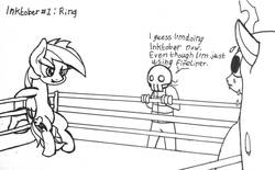 Size: 1280x793 | Tagged: safe, artist:ewoudcponies, queen chrysalis, rainbow dash, changeling, changeling queen, pegasus, pony, g4, black and white, boxing gloves, boxing ring, female, grayscale, ink drawing, inktober, inktober 2019, monochrome, sports, sweat, sweating profusely, traditional art, wrestling