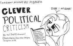 Size: 1280x807 | Tagged: safe, artist:ewoudcponies, pony, black and white, book, derp, grayscale, ink drawing, inktober, inktober 2019, monochrome, parody, political cartoon, self deprecation, solo, strawman, tongue out, traditional art