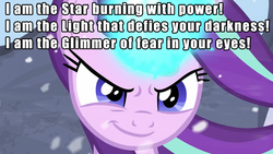 Size: 1280x720 | Tagged: safe, edit, edited screencap, screencap, starlight glimmer, pony, unicorn, g4, the ending of the end, badass, batman, caption, confident, female, fight, glowing horn, horn, image macro, magic, put it on my tab, smiling, smirk, snow, solo, text, windswept mane