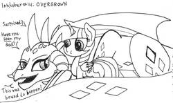 Size: 1280x762 | Tagged: safe, artist:ewoudcponies, princess ember, twilight sparkle, alicorn, dragon, pony, g4, black and white, grayscale, growth, ink drawing, inktober, inktober 2019, monochrome, size difference, traditional art, twilight sparkle (alicorn)