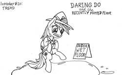 Size: 1280x793 | Tagged: safe, artist:ewoudcponies, daring do, pegasus, pony, g4, bipedal, black and white, female, grayscale, ink drawing, inktober, inktober 2019, monochrome, solo, traditional art, water, wet floor sign
