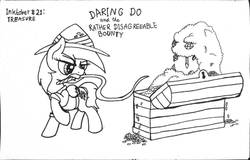 Size: 1280x819 | Tagged: safe, artist:ewoudcponies, daring do, mimic, pegasus, pony, g4, black and white, grayscale, ink drawing, inktober, inktober 2019, monochrome, mouth hold, traditional art, treasure chest, whip