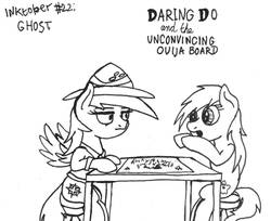 Size: 1280x1047 | Tagged: safe, artist:ewoudcponies, daring do, oc, pegasus, pony, g4, black and white, grayscale, ink drawing, inktober, inktober 2019, monochrome, ouija board, traditional art