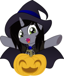 Size: 5000x5865 | Tagged: safe, artist:jhayarr23, pony, unicorn, bust, cape, clothes, commission, disguise, disguised siren, fangs, hair over one eye, halloween, happy, hat, holiday, horn, jack-o-lantern, jewelry, kellin quinn, looking at you, male, movie accurate, necklace, open mouth, ponified, pumpkin, shirt, simple background, sleeping with sirens, slit pupils, solo, stallion, t-shirt, transparent background, underhoof, vector, witch hat, ych result