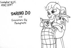 Size: 1280x871 | Tagged: safe, artist:ewoudcponies, daring do, oc, pegasus, pony, g4, angry, black and white, blanket, cute, elderly, female, filly, grandmother, grayscale, ink drawing, inktober, inktober 2019, monochrome, photo album, puffy cheeks, raspberry, sitting on lap, squirming, tongue out, traditional art