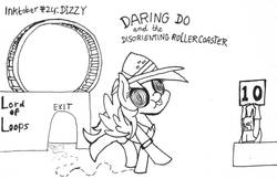 Size: 1280x830 | Tagged: safe, artist:ewoudcponies, daring do, human, pegasus, pony, g4, batman, black and white, dizzy, grayscale, ink drawing, inktober, inktober 2019, monochrome, roller coaster, score card, swirly eyes, traditional art
