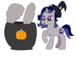 Size: 3264x2448 | Tagged: safe, artist:supahdonarudo, part of a set, oc, oc only, oc:moonlit silver, pony, unicorn, cauldron, halloween, hat, high res, holiday, pumpkin, simple background, smoke, transparent background, witch hat