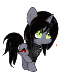 Size: 2000x2000 | Tagged: safe, artist:yexileni_javiari, pony, unicorn, chibi, clothes, commission, disguise, disguised siren, fangs, hair over one eye, happy, heart, high res, horn, jewelry, kellin quinn, male, necklace, ponified, raised leg, shirt, simple background, sleeping with sirens, slit pupils, smiling, solo, stallion, t-shirt, transparent background, ych result