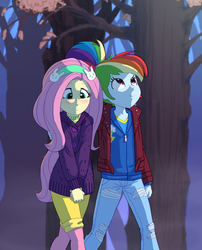 Size: 815x1010 | Tagged: safe, artist:carnifex, fluttershy, rainbow dash, equestria girls, g4, autumn, clothes, commission, commissioner:beanzoboy, female, forest, hoodie, lesbian, pants, ship:flutterdash, shipping, shorts, tree, walking