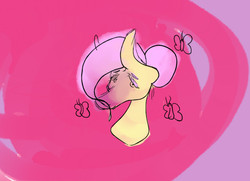 Size: 1202x870 | Tagged: safe, artist:awesomedude14, fluttershy, butterfly, pegasus, pony, g4, female, pink background, simple background, solo