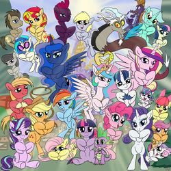 Size: 6000x6000 | Tagged: safe, artist:littlenaughtypony, apple bloom, applejack, big macintosh, bon bon, derpy hooves, discord, dj pon-3, doctor whooves, fizzlepop berrytwist, fluttershy, lyra heartstrings, octavia melody, pinkie pie, princess cadance, princess celestia, princess flurry heart, princess luna, rainbow dash, rarity, scootaloo, shining armor, spike, starlight glimmer, steven magnet, sunset shimmer, sweetie belle, sweetie drops, tempest shadow, time turner, twilight sparkle, vinyl scratch, alicorn, draconequus, dragon, earth pony, pegasus, pony, unicorn, g4, cute, cutie mark crusaders, female, filly, heart, hoof heart, looking at you, male, mane seven, mane six, mare, open mouth, rope, royal sisters, stallion