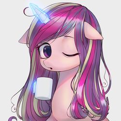 Size: 1024x1024 | Tagged: dead source, safe, artist:9seconds, princess cadance, alicorn, pony, g4, bust, coffee mug, cute, cutedance, female, floppy ears, looking at you, loose hair, magic, mare, mug, one eye closed, portrait, simple background, solo, telekinesis, white background