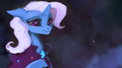 Size: 1920x1080 | Tagged: safe, artist:hierozaki, trixie, pony, unicorn, g4, cape, clothes, digital art, female, floppy ears, frown, hat, looking down, mare, night, sky, solo, trixie's cape, trixie's hat