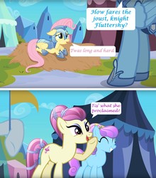 Size: 1920x2180 | Tagged: safe, edit, edited screencap, editor:leonidus, screencap, fleur de verre, fluttershy, rainbow dash, crystal pony, pegasus, pony, g4, the crystal empire, armor, crystal empire, crystal guard armor, dialogue, flag, funny, hay, hoof shoes, jousting, jousting lance, jousting outfit, laughing, speech bubble, tent, text, that's what she said, ye olde english