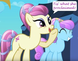 Size: 1197x941 | Tagged: safe, edit, edited screencap, editor:leonidus, screencap, fleur de verre, crystal pony, g4, the crystal empire, cropped, crystal empire, cutie mark, dialogue, duo, laughing, meme, reaction image, speech bubble, tent, text, that's what she said, ye olde english, yelling