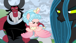 Size: 852x476 | Tagged: safe, screencap, cozy glow, lord tirek, queen chrysalis, alicorn, centaur, changeling, changeling queen, pony, g4, the ending of the end, alicornified, annoyed, bow, cozycorn, female, filly, flying, former queen chrysalis, hair bow, legion of doom, looking at someone, male, nose piercing, nose ring, piercing, race swap, septum piercing, smiling, trio, ultimate chrysalis