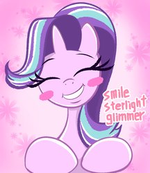 Size: 2126x2455 | Tagged: safe, artist:garammasara, starlight glimmer, pony, unicorn, g4, blush sticker, blushing, cute, eyes closed, female, glimmerbetes, high res, mare, misspelling, smiling, solo