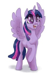 Size: 400x550 | Tagged: safe, artist:shaslan, twilight sparkle, alicorn, pony, g4, big eyes, deviantart watermark, excited, female, mare, obtrusive watermark, open mouth, raised leg, simple background, solo, spread wings, twilight sparkle (alicorn), watermark, white background, wings