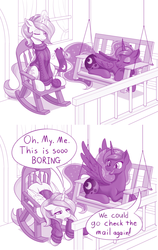 Size: 1280x2020 | Tagged: safe, artist:dstears, princess celestia, princess luna, alicorn, pony, the last problem, 2 panel comic, alternate hairstyle, bored, clothes, comic, cute, cutelestia, dialogue, excited, eyes closed, female, irrational exuberance, knitting, lunabetes, mare, monochrome, oh my celestia, prone, retirement, royal sisters, siblings, sisters, sleeping, smiling, speech bubble, spread wings, sweater, swing, that pony sure does love the post office, wings, yarn, yarn ball