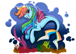 Size: 1024x724 | Tagged: safe, artist:aurasinchaser, rainbow dash, merpony, seapony (g4), g4, bubble, coral, female, fish tail, flowing mane, mare, ocean, seaponified, seapony rainbow dash, seaweed, simple background, smiling, solo, species swap, swimming, tail, teeth, transparent background, underwater, water
