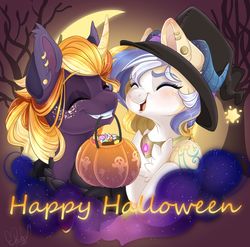Size: 1920x1900 | Tagged: safe, artist:pvrii, oc, oc only, bat pony, bat pony oc, candy, digital art, female, food, halloween, happy, hat, holiday, jack-o-lantern, mare, pumpkin, pumpkin bucket, smiling, witch hat